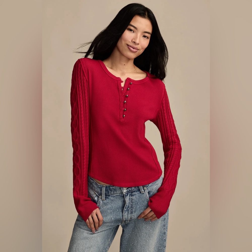 Lucky brand Textured Mixed cable knit Sleeve Henley cotton red M oversized boho